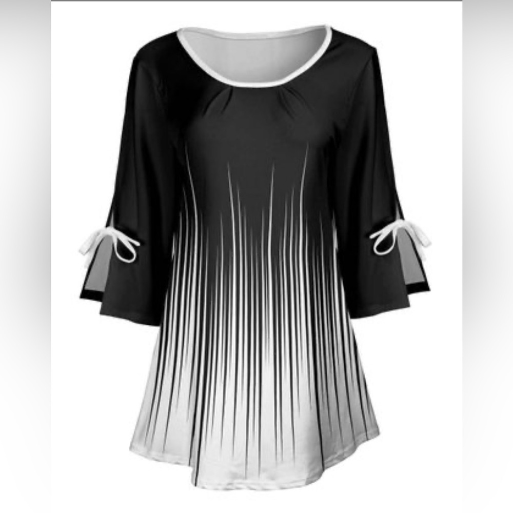 Lily Black and White Abstract ombré bow accent, three- quarter sleeve tunic